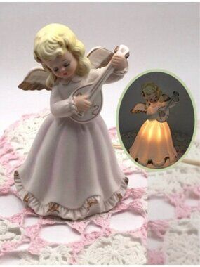 Vintage Angel Figurine Night Light Porcelain Bisque Gold Accents 7"